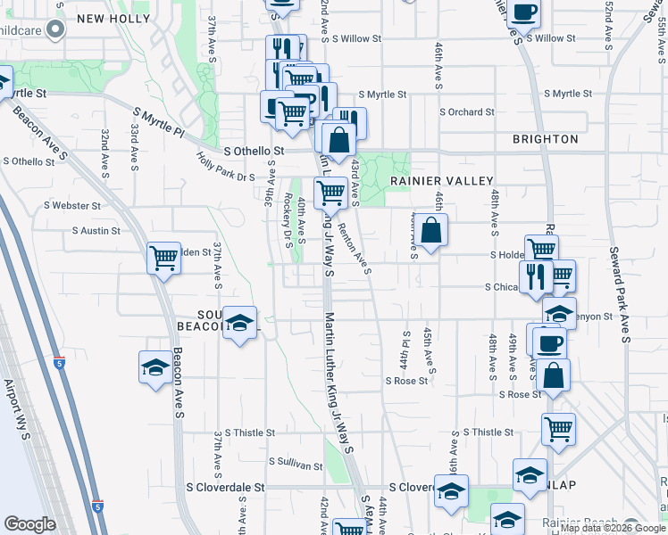 map of restaurants, bars, coffee shops, grocery stores, and more near 7550 Martin Luther King Junior Way South in Seattle