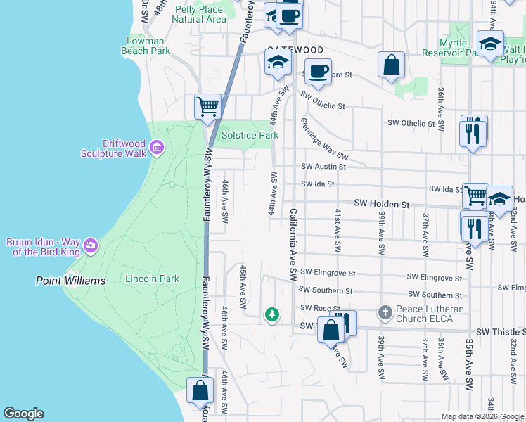 map of restaurants, bars, coffee shops, grocery stores, and more near 7703 44th Avenue Southwest in Seattle