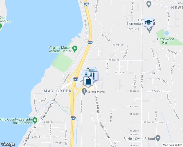 map of restaurants, bars, coffee shops, grocery stores, and more near 4710 Lake Washington Boulevard Northeast in Renton