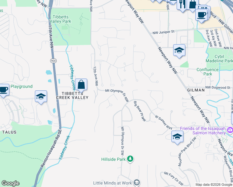 map of restaurants, bars, coffee shops, grocery stores, and more near 295 Mount Olympus Drive Northwest in Issaquah