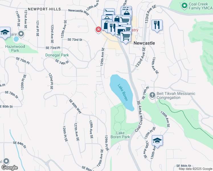 map of restaurants, bars, coffee shops, grocery stores, and more near 7638 129th Avenue Southeast in Newcastle