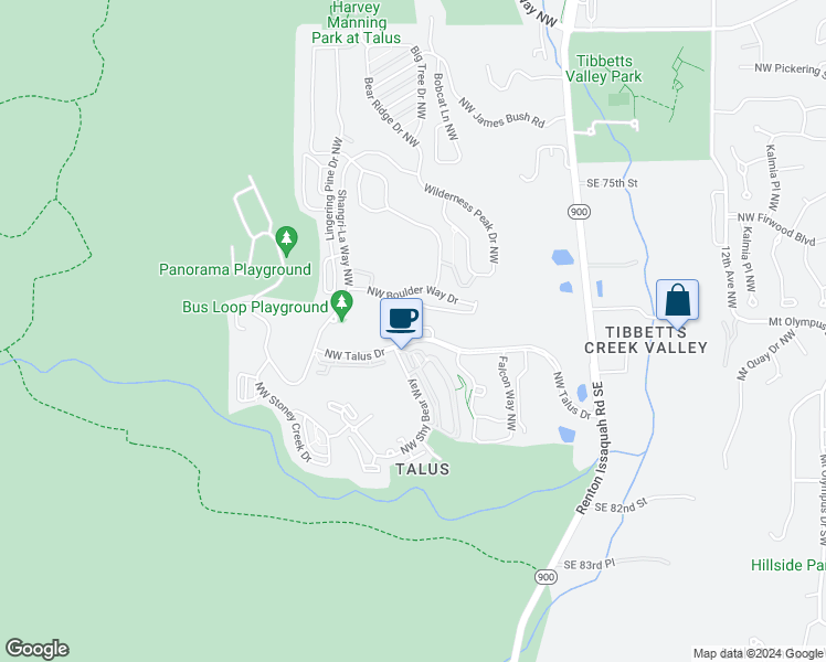 map of restaurants, bars, coffee shops, grocery stores, and more near 2086 Northwest Talus Drive in Issaquah