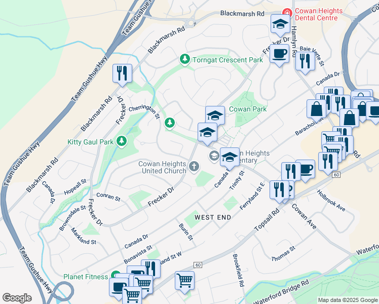 map of restaurants, bars, coffee shops, grocery stores, and more near 122 Frecker Drive in St. John's