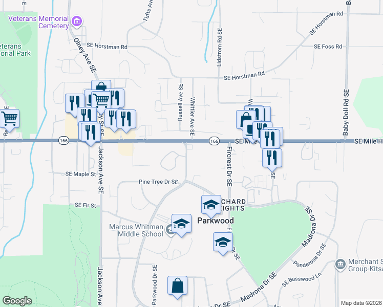 map of restaurants, bars, coffee shops, grocery stores, and more near 1663 Harrison Avenue Southeast in Port Orchard