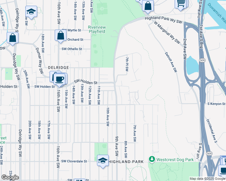 map of restaurants, bars, coffee shops, grocery stores, and more near 906 Southwest Portland Street in Seattle