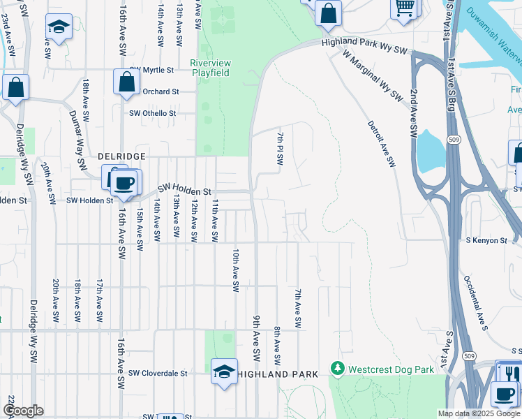 map of restaurants, bars, coffee shops, grocery stores, and more near 7701 8th Avenue Southwest in Seattle