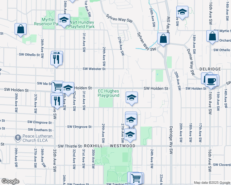 map of restaurants, bars, coffee shops, grocery stores, and more near 7702 28th Avenue Southwest in Seattle