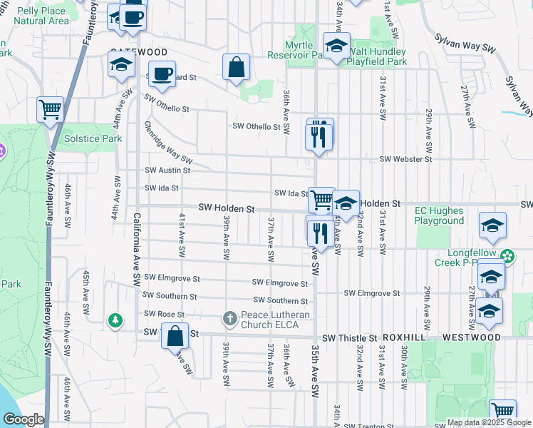 map of restaurants, bars, coffee shops, grocery stores, and more near 3620 Southwest Holden Street in Seattle