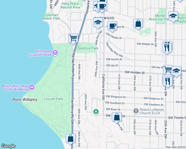 map of restaurants, bars, coffee shops, grocery stores, and more near 7703 44th Avenue Southwest in Seattle