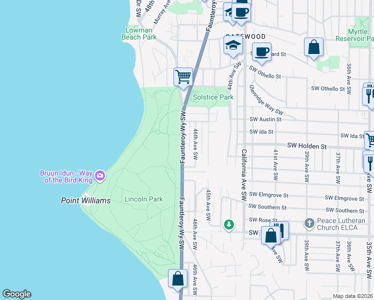 map of restaurants, bars, coffee shops, grocery stores, and more near 7716 Fauntleroy Way Southwest in Seattle