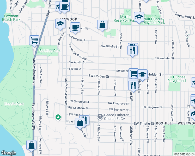 map of restaurants, bars, coffee shops, grocery stores, and more near 3901 Southwest Holden Street in Seattle