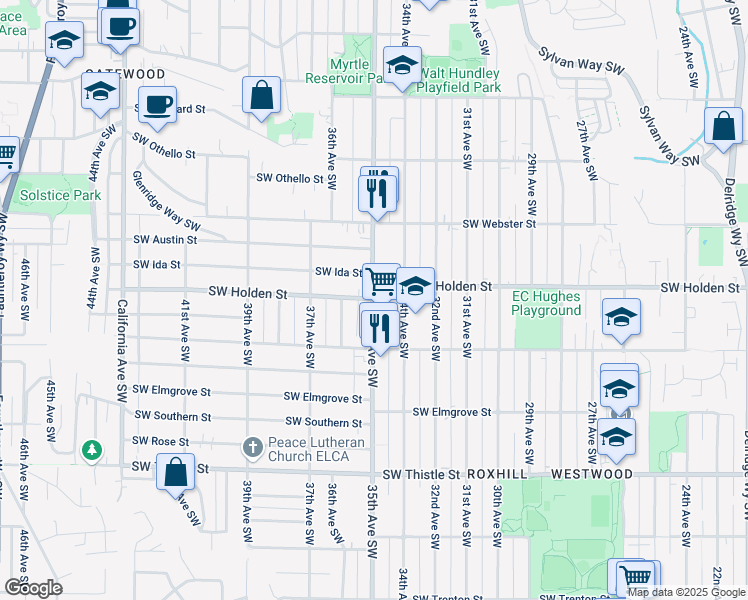 map of restaurants, bars, coffee shops, grocery stores, and more near 7700 35th Avenue Southwest in Seattle