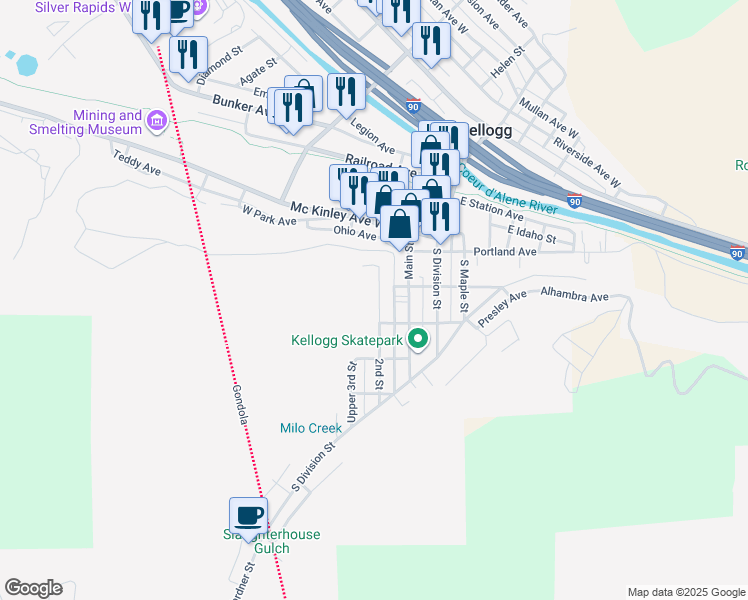 map of restaurants, bars, coffee shops, grocery stores, and more near 408 2nd Street in Kellogg