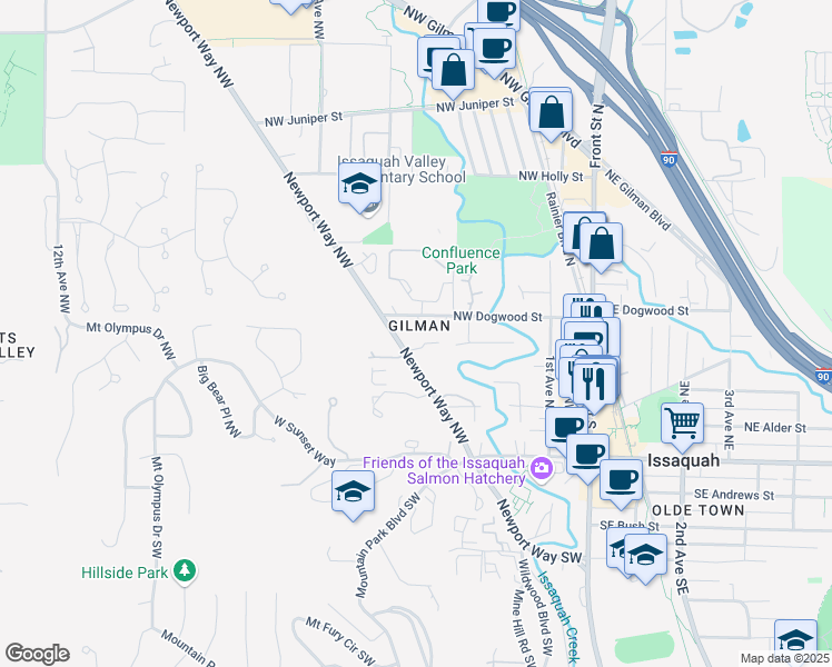 map of restaurants, bars, coffee shops, grocery stores, and more near 375 Northwest Dogwood Street in Issaquah