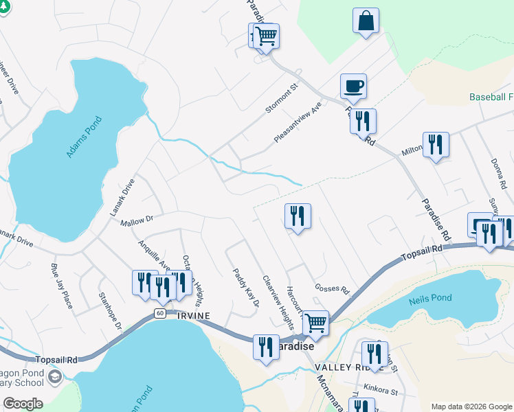 map of restaurants, bars, coffee shops, grocery stores, and more near Mallow Drive in Paradise