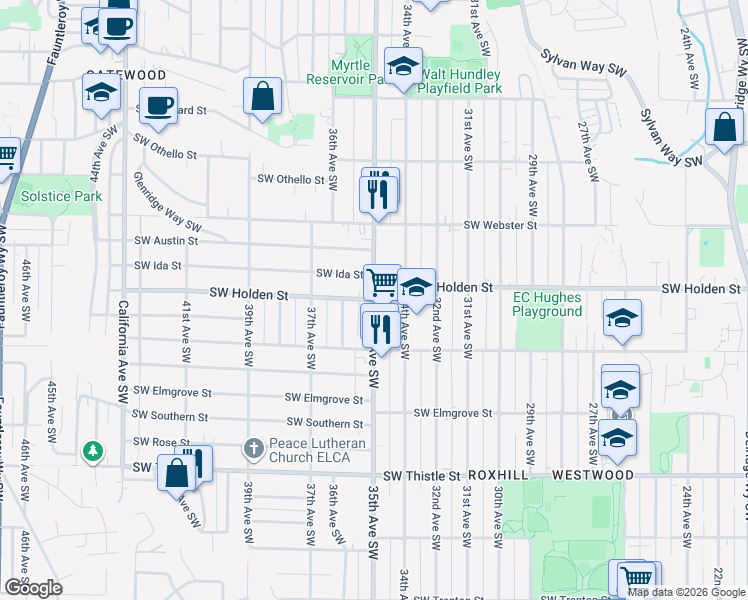 map of restaurants, bars, coffee shops, grocery stores, and more near 35th Avenue Southwest & Southwest Holden Street in Seattle