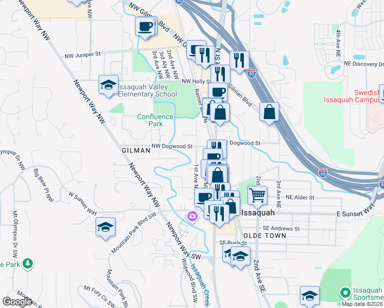 map of restaurants, bars, coffee shops, grocery stores, and more near 365 1st Avenue Northwest in Issaquah