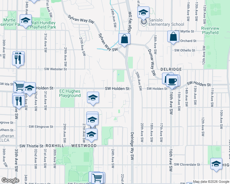 map of restaurants, bars, coffee shops, grocery stores, and more near 2201 Southwest Holden Street in Seattle