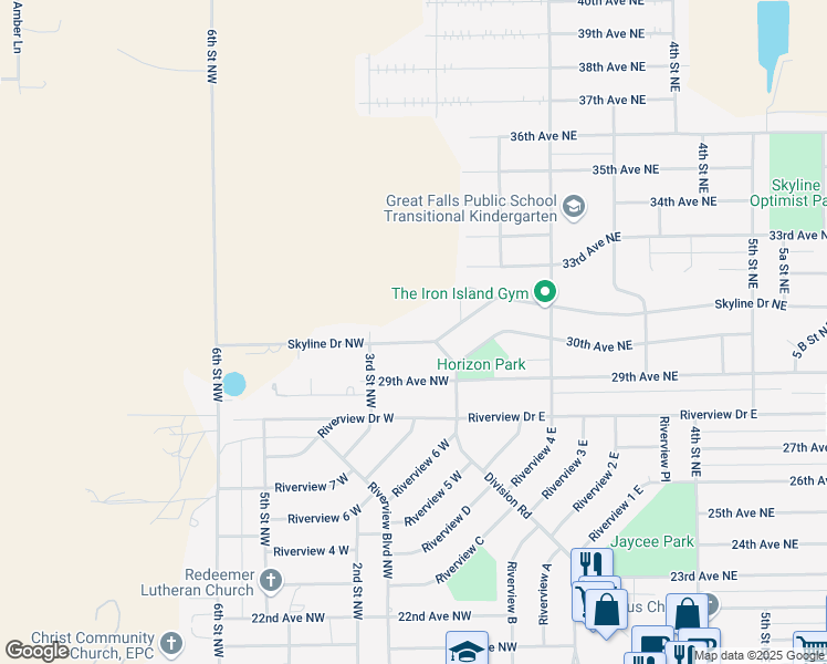 map of restaurants, bars, coffee shops, grocery stores, and more near 109 Skyline Drive Northwest in Great Falls
