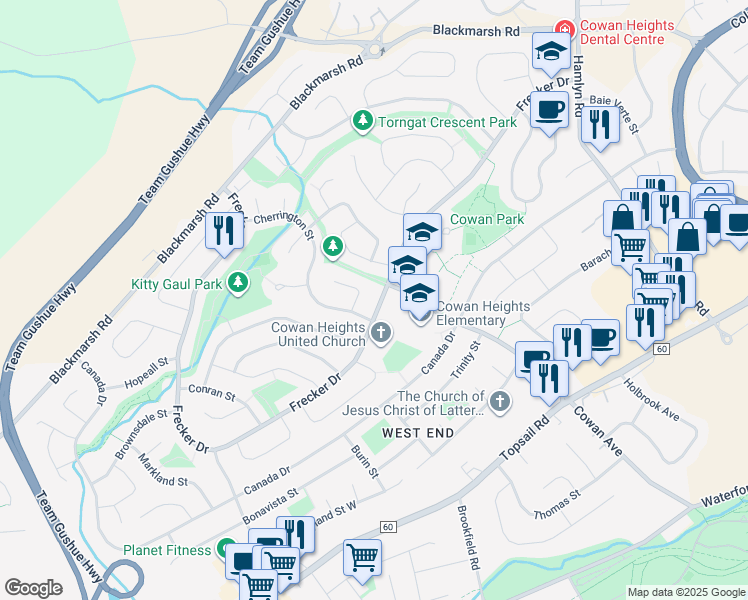 map of restaurants, bars, coffee shops, grocery stores, and more near 120 Frecker Drive in St. John's