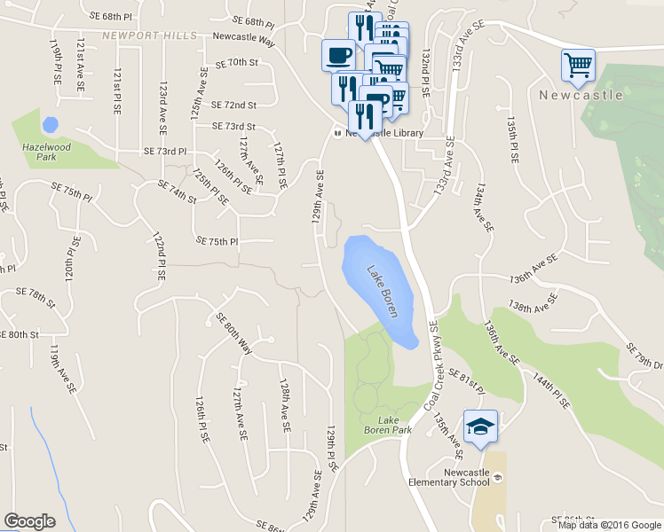 map of restaurants, bars, coffee shops, grocery stores, and more near 7630 129th Avenue Southeast in Newcastle