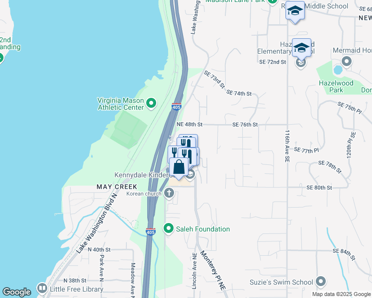 map of restaurants, bars, coffee shops, grocery stores, and more near 4710 Lake Washington Boulevard Northeast in Renton