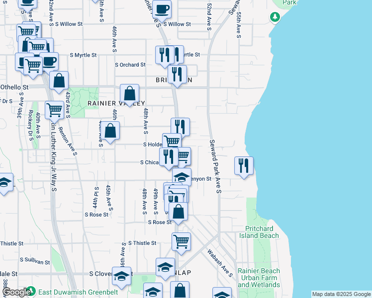 map of restaurants, bars, coffee shops, grocery stores, and more near 7728 Rainier Avenue South in Seattle