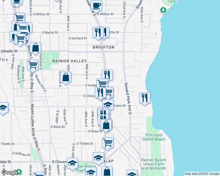 map of restaurants, bars, coffee shops, grocery stores, and more near 7728 Rainier Avenue South in Seattle
