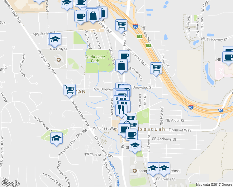 map of restaurants, bars, coffee shops, grocery stores, and more near 375 1st Place Northwest in Issaquah