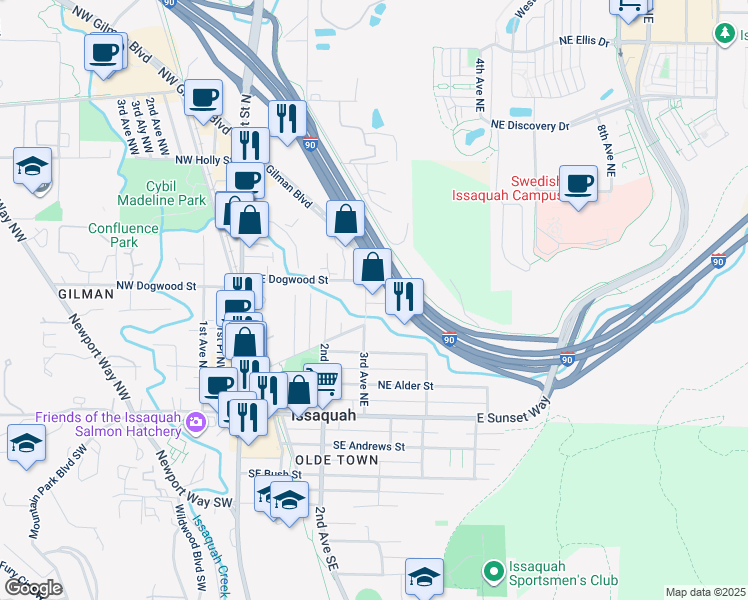 map of restaurants, bars, coffee shops, grocery stores, and more near 350 3rd Avenue Northeast in Issaquah