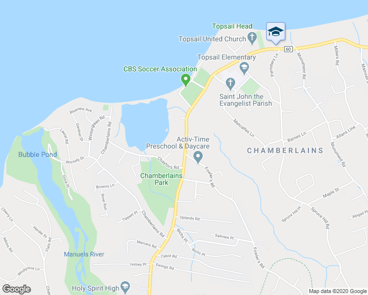 map of restaurants, bars, coffee shops, grocery stores, and more near 2546 Topsail Road in Conception Bay South