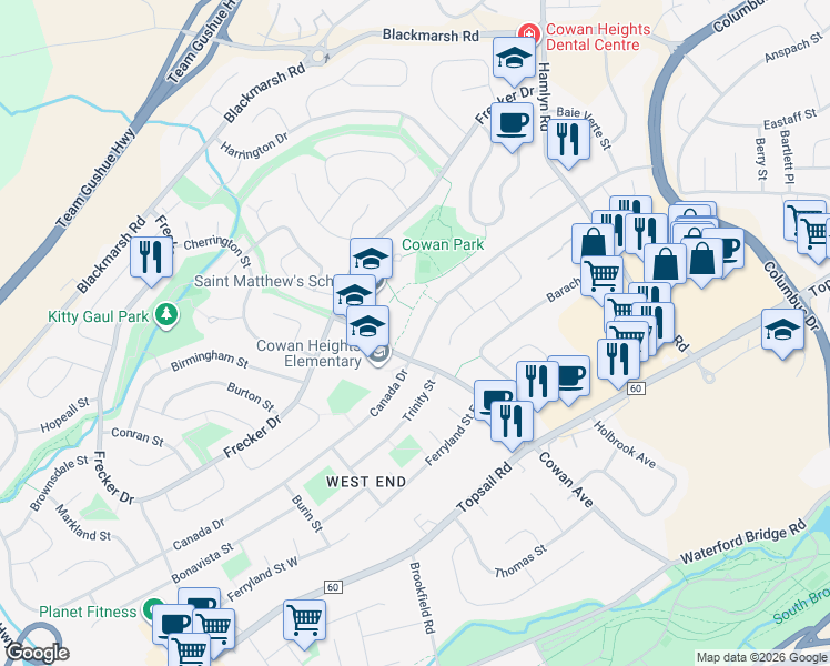 map of restaurants, bars, coffee shops, grocery stores, and more near 90 Canada Drive in St. John's