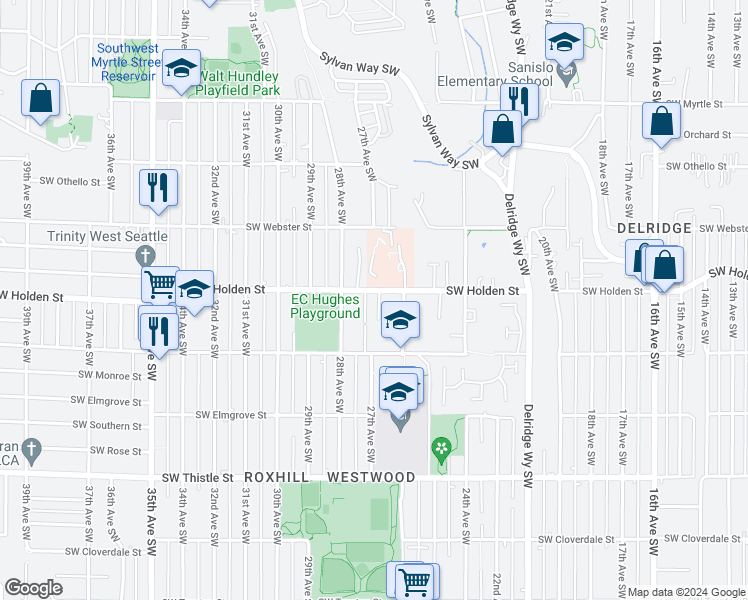 map of restaurants, bars, coffee shops, grocery stores, and more near 2629 Southwest Holden Street in Seattle