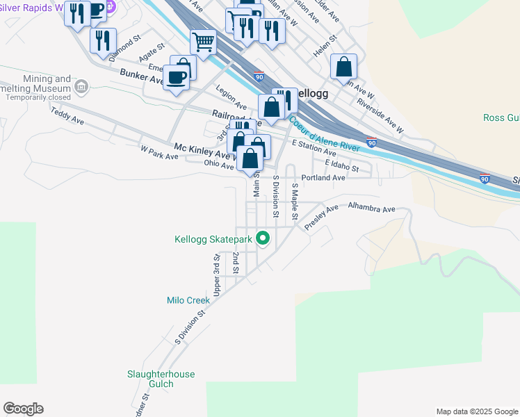map of restaurants, bars, coffee shops, grocery stores, and more near 427 Main Street in Wardner