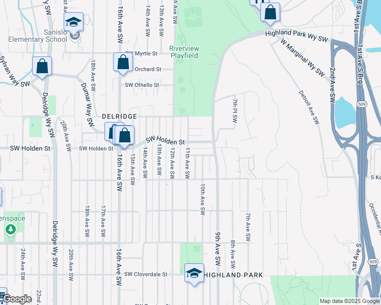 map of restaurants, bars, coffee shops, grocery stores, and more near 1022 Southwest Portland Street in Seattle