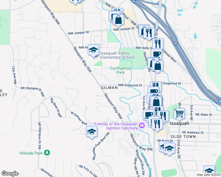 map of restaurants, bars, coffee shops, grocery stores, and more near 369 Northwest Dogwood Street in Issaquah