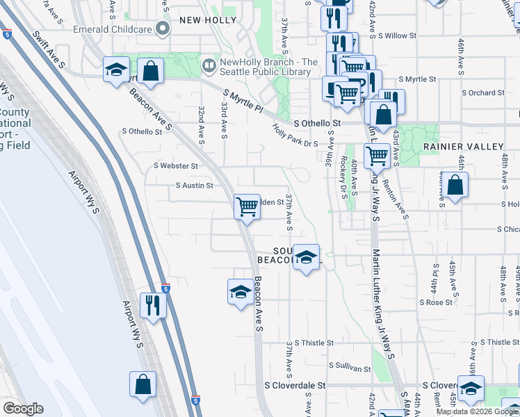 map of restaurants, bars, coffee shops, grocery stores, and more near 3515 South Holden Street in Seattle