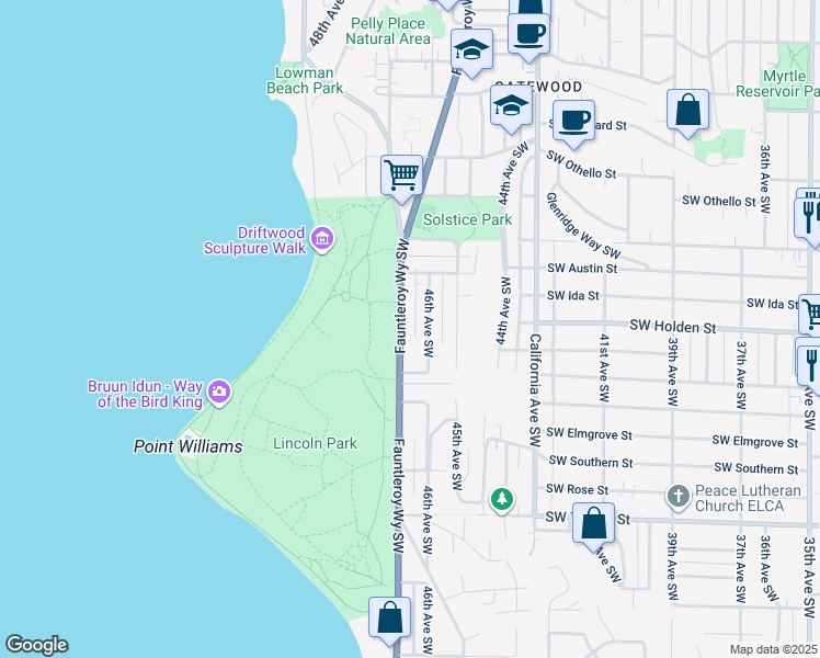 map of restaurants, bars, coffee shops, grocery stores, and more near 7716 Fauntleroy Way Southwest in Seattle