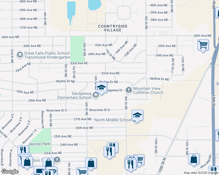 map of restaurants, bars, coffee shops, grocery stores, and more near 655 Sacajawea Dr in Great Falls