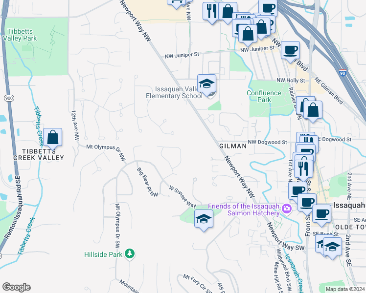 map of restaurants, bars, coffee shops, grocery stores, and more near 290 Dorado Drive Northwest in Issaquah