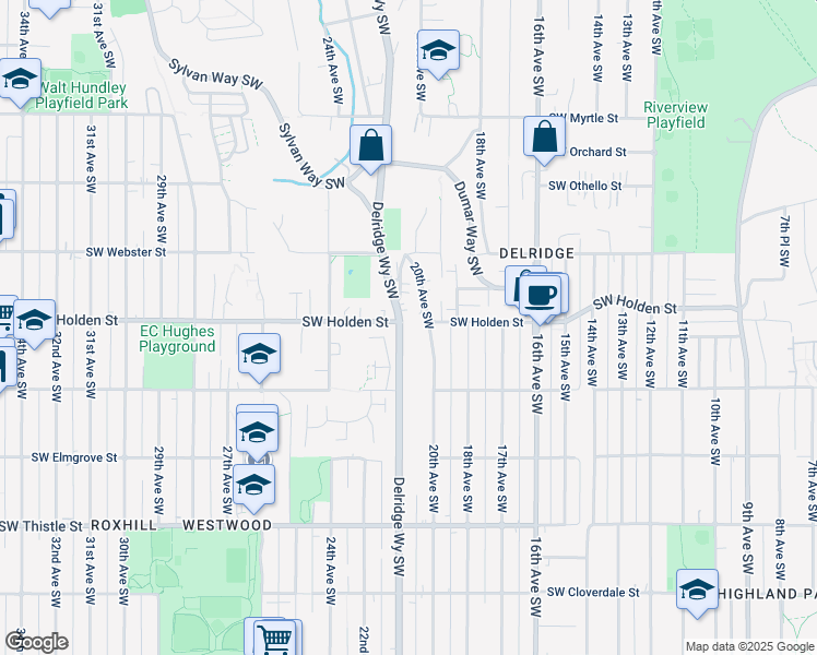 map of restaurants, bars, coffee shops, grocery stores, and more near 7702 Delridge Way Southwest in Seattle