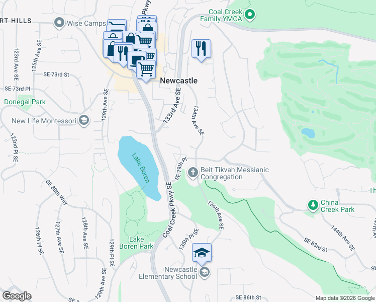 map of restaurants, bars, coffee shops, grocery stores, and more near 13325 Southeast 77th Court in Newcastle
