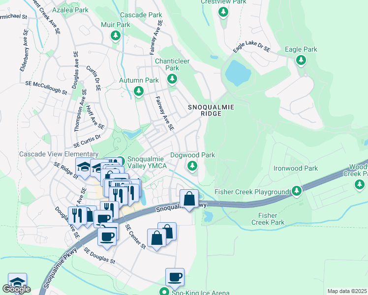 map of restaurants, bars, coffee shops, grocery stores, and more near 7441 Dogwood Lane Southeast in Snoqualmie