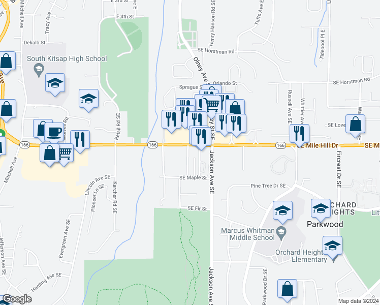 map of restaurants, bars, coffee shops, grocery stores, and more near 1615 Higgins Road Southeast in Port Orchard
