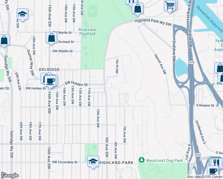 map of restaurants, bars, coffee shops, grocery stores, and more near 7701 8th Avenue Southwest in Seattle