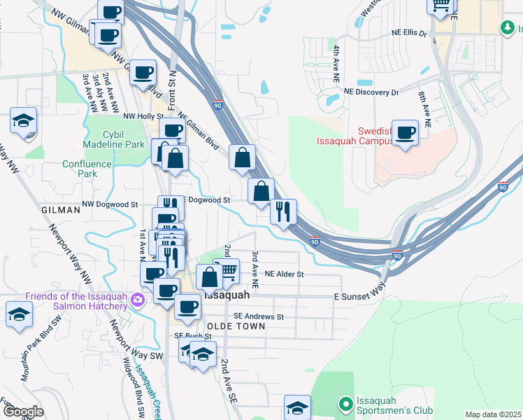 map of restaurants, bars, coffee shops, grocery stores, and more near 350 3rd Avenue Northeast in Issaquah