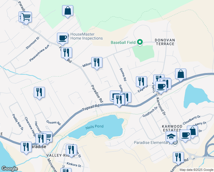 map of restaurants, bars, coffee shops, grocery stores, and more near 9 Grandview Avenue in Paradise