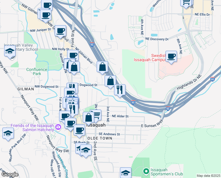 map of restaurants, bars, coffee shops, grocery stores, and more near 350 3rd Avenue Northeast in Issaquah