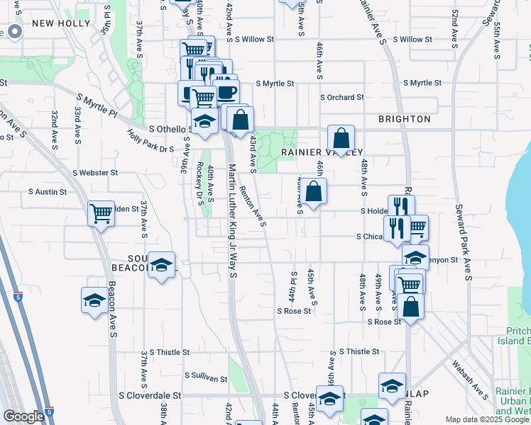 map of restaurants, bars, coffee shops, grocery stores, and more near 7558 43rd Avenue South in Seattle