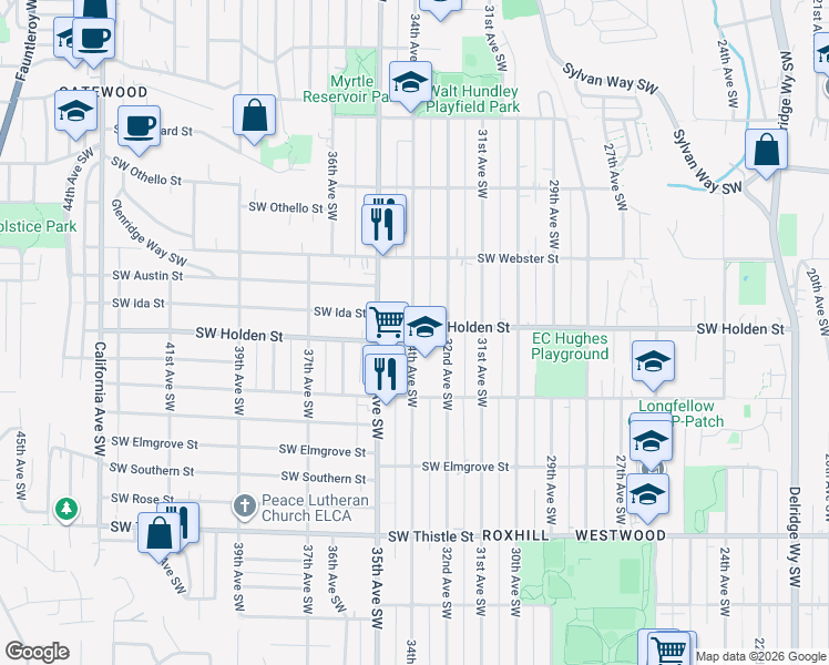 map of restaurants, bars, coffee shops, grocery stores, and more near 7700 34th Avenue Southwest in Seattle